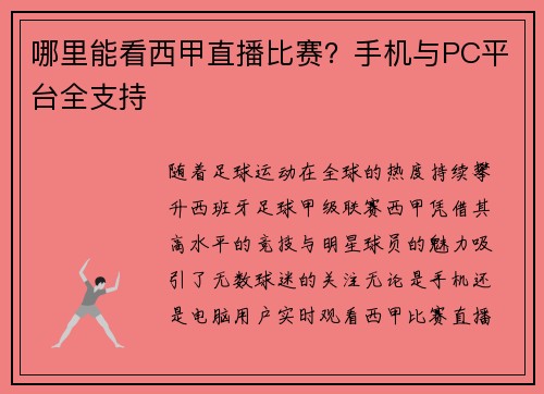 哪里能看西甲直播比赛？手机与PC平台全支持