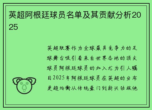 英超阿根廷球员名单及其贡献分析2025